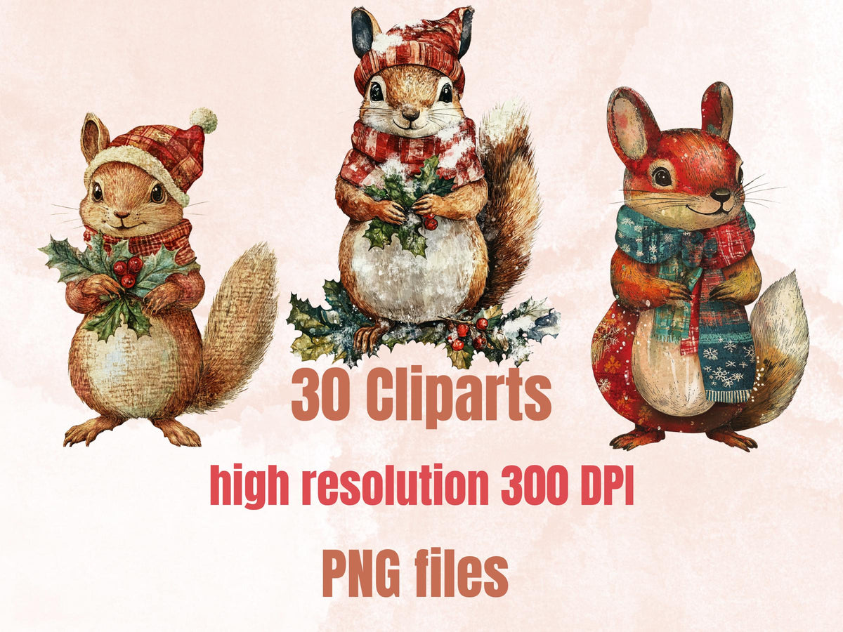 Christmas Squirrel Doll Mixed Media Clipart, Retro Xmas Squirrel Fussy Cut Collage Sheet, Paper Doll Cut Out Ephemera, PNG + JPG Scrapbook