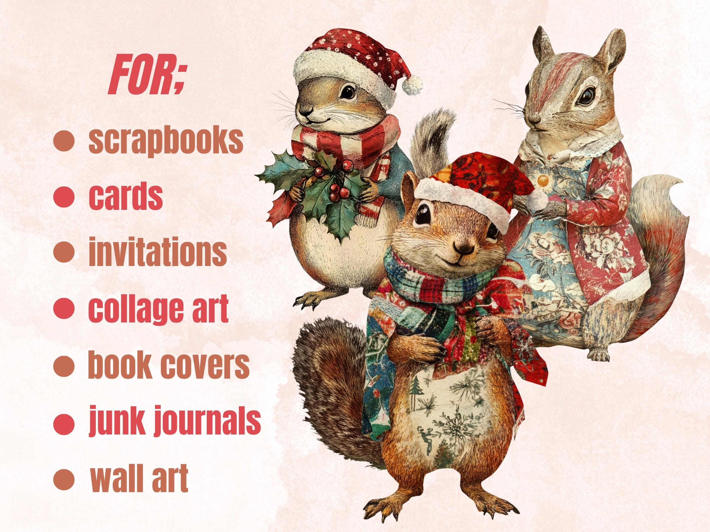 Christmas Squirrel Doll Mixed Media Clipart, Retro Xmas Squirrel Fussy Cut Collage Sheet, Paper Doll Cut Out Ephemera, PNG + JPG Scrapbook