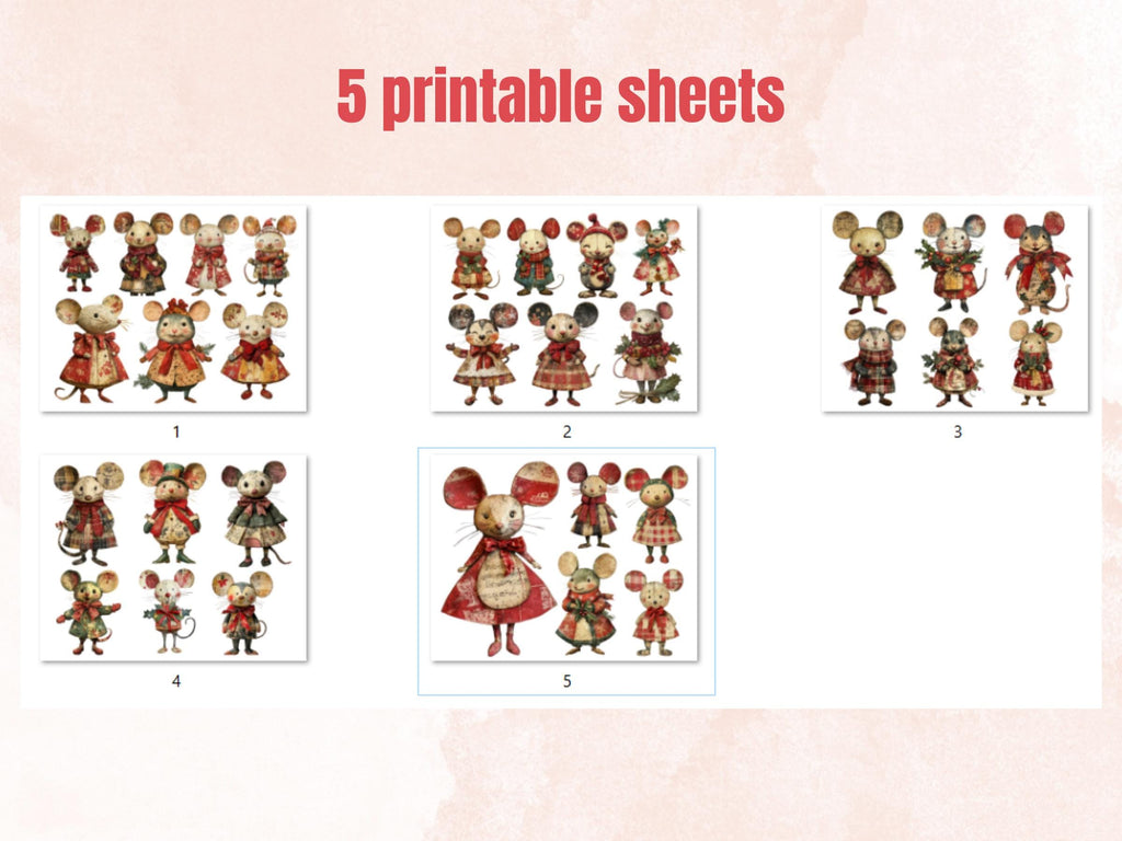 Christmas Mouse Doll Mixed Media Clipart, Retro Xmas Mice Fussy Cut Collage Sheet, Paper Doll Cut Out Ephemera, PNG + JPG for Scrapbooking