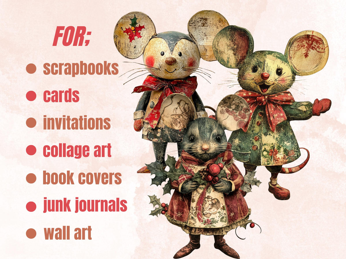 Christmas Mouse Doll Mixed Media Clipart, Retro Xmas Mice Fussy Cut Collage Sheet, Paper Doll Cut Out Ephemera, PNG + JPG for Scrapbooking
