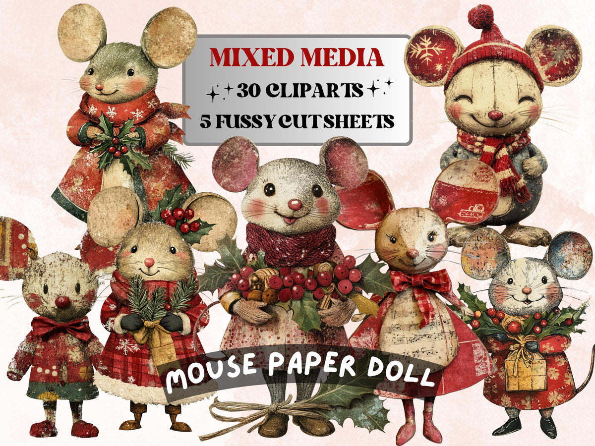 Christmas Mouse Doll Mixed Media Clipart, Retro Xmas Mice Fussy Cut Collage Sheet, Paper Doll Cut Out Ephemera, PNG + JPG for Scrapbooking
