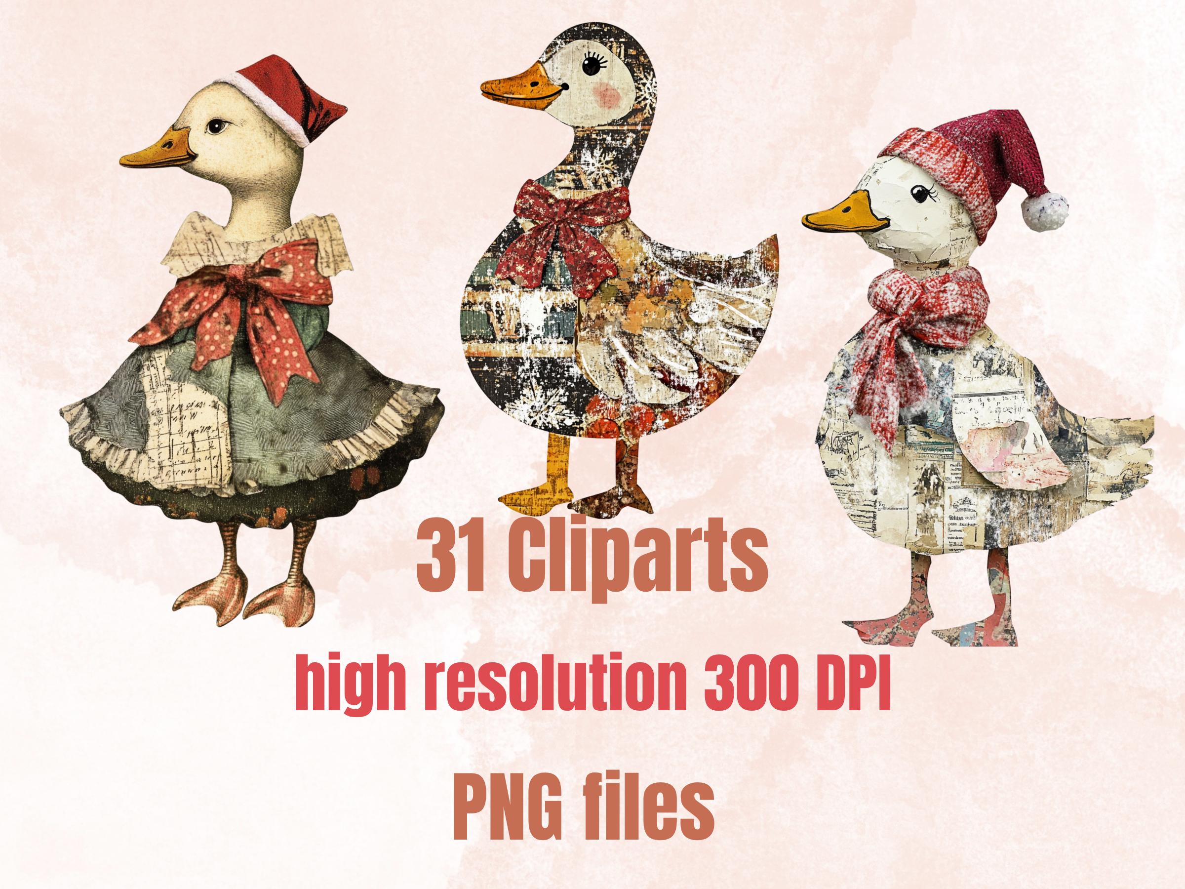 Christmas Goose Doll Mixed Media Clipart, Retro Xmas Goose Fussy Cut Collage Sheet, Paper Doll Cut Out Ephemera, PNG + JPG for Scrapbooking