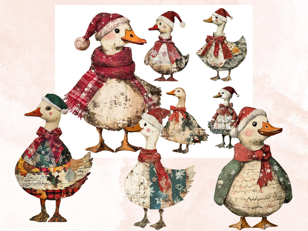 Christmas Goose Doll Mixed Media Clipart, Retro Xmas Goose Fussy Cut Collage Sheet, Paper Doll Cut Out Ephemera, PNG + JPG for Scrapbooking