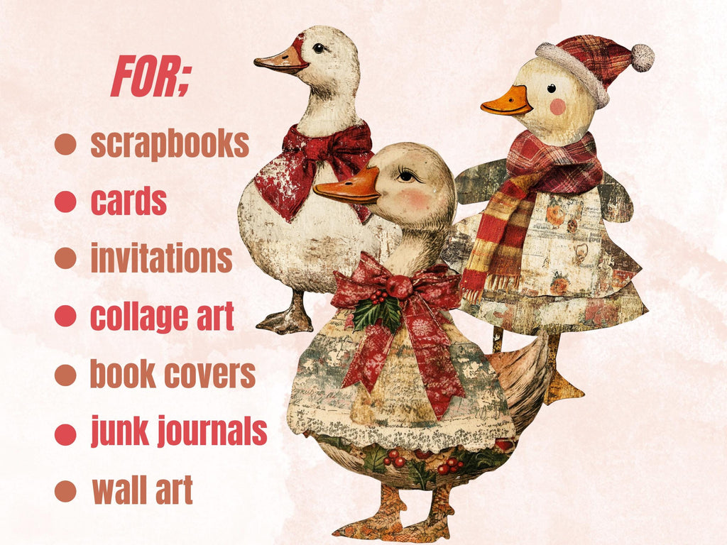 Christmas Goose Doll Mixed Media Clipart, Retro Xmas Goose Fussy Cut Collage Sheet, Paper Doll Cut Out Ephemera, PNG + JPG for Scrapbooking