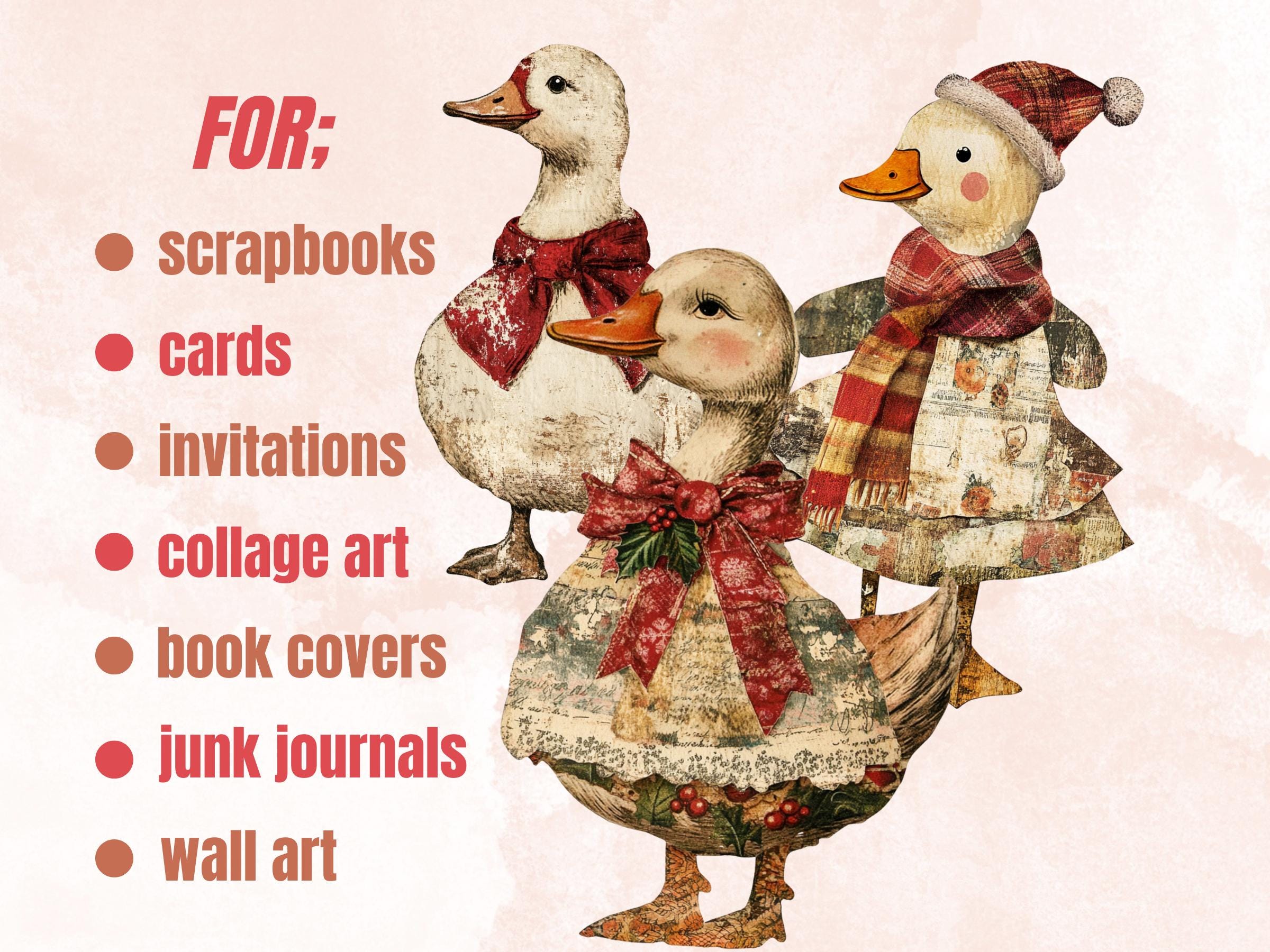 Christmas Goose Doll Mixed Media Clipart, Retro Xmas Goose Fussy Cut Collage Sheet, Paper Doll Cut Out Ephemera, PNG + JPG for Scrapbooking