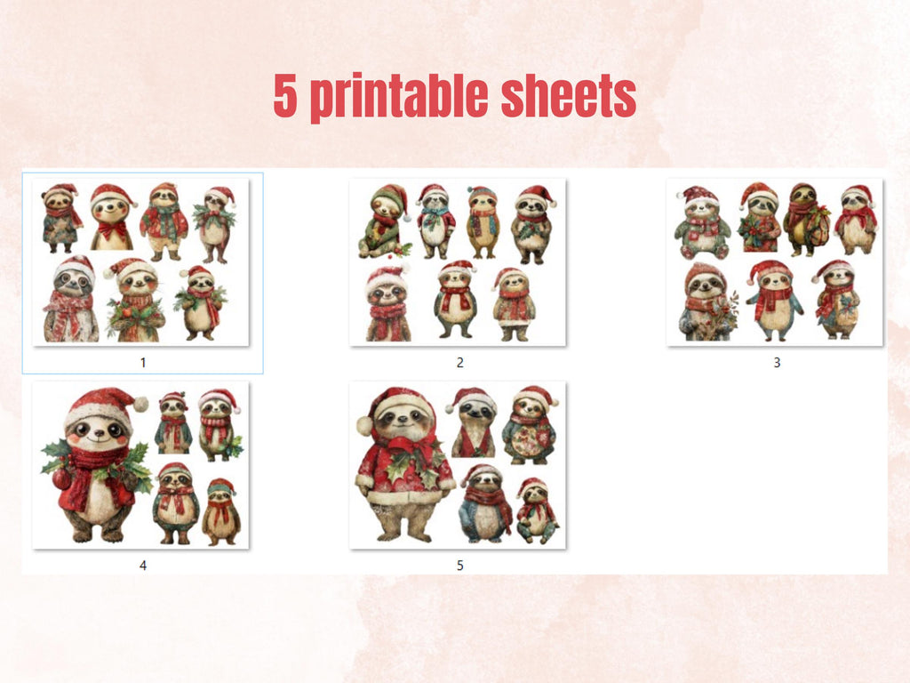 Christmas Sloth Doll Mixed Media Clipart, Retro Xmas Sloth Fussy Cut Collage Sheet, Paper Doll Cut Out Ephemera, PNG + JPG for Scrapbooking