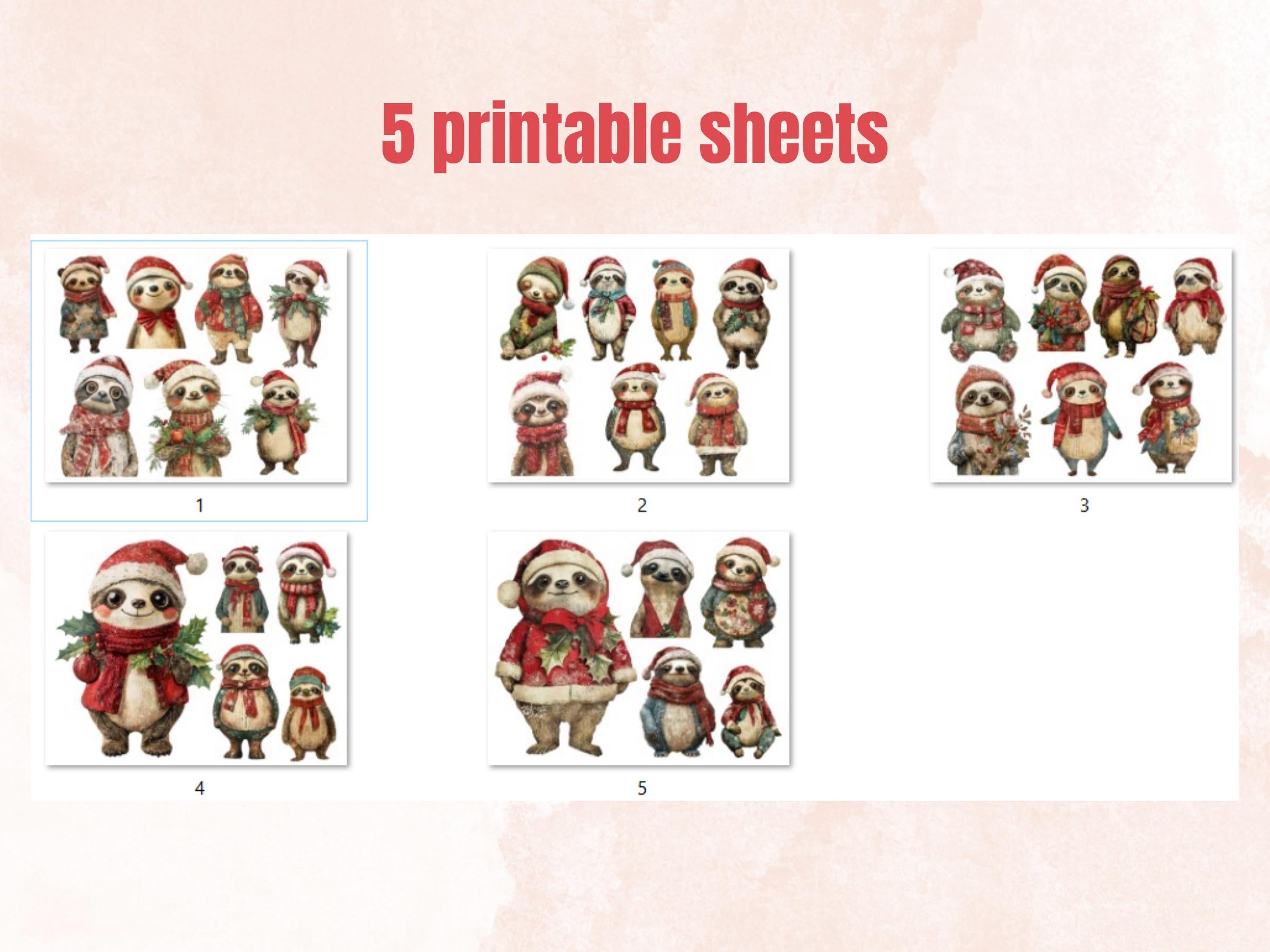 Christmas Sloth Doll Mixed Media Clipart, Retro Xmas Sloth Fussy Cut Collage Sheet, Paper Doll Cut Out Ephemera, PNG + JPG for Scrapbooking