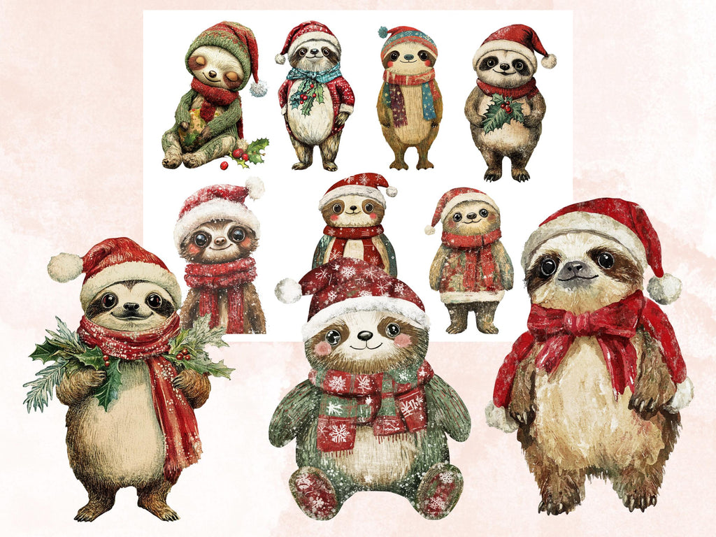 Christmas Sloth Doll Mixed Media Clipart, Retro Xmas Sloth Fussy Cut Collage Sheet, Paper Doll Cut Out Ephemera, PNG + JPG for Scrapbooking