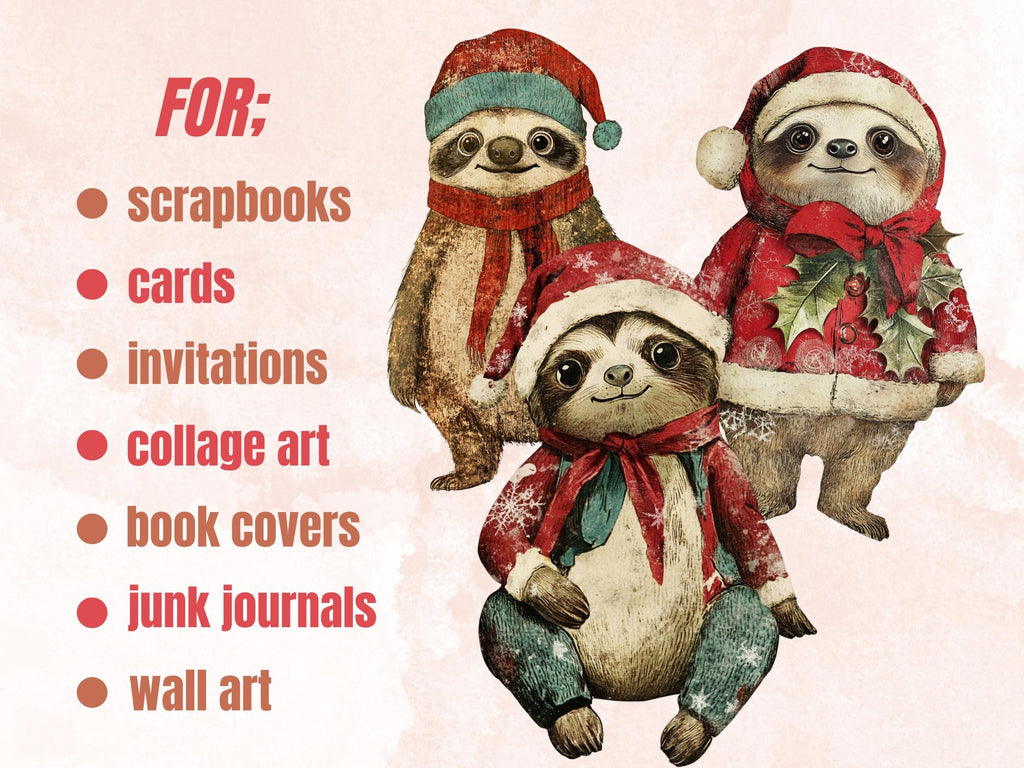 Christmas Sloth Doll Mixed Media Clipart, Retro Xmas Sloth Fussy Cut Collage Sheet, Paper Doll Cut Out Ephemera, PNG + JPG for Scrapbooking