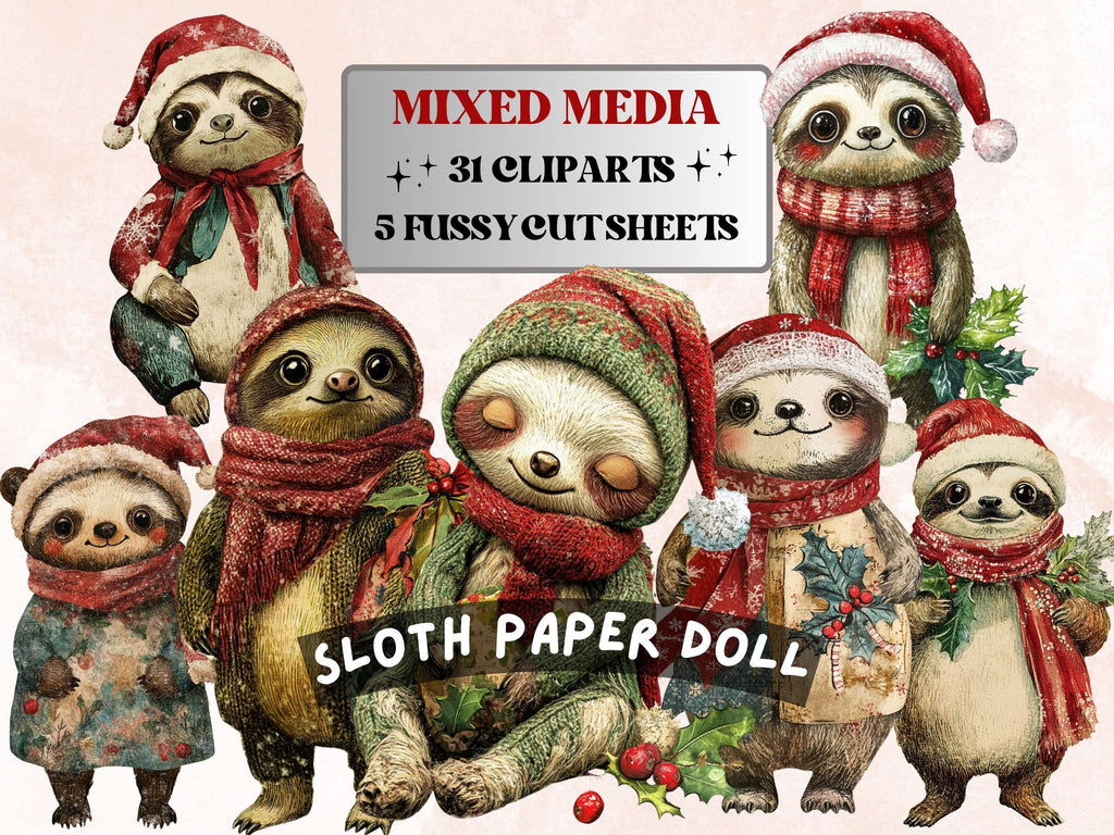 Christmas Sloth Doll Mixed Media Clipart, Retro Xmas Sloth Fussy Cut Collage Sheet, Paper Doll Cut Out Ephemera, PNG + JPG for Scrapbooking
