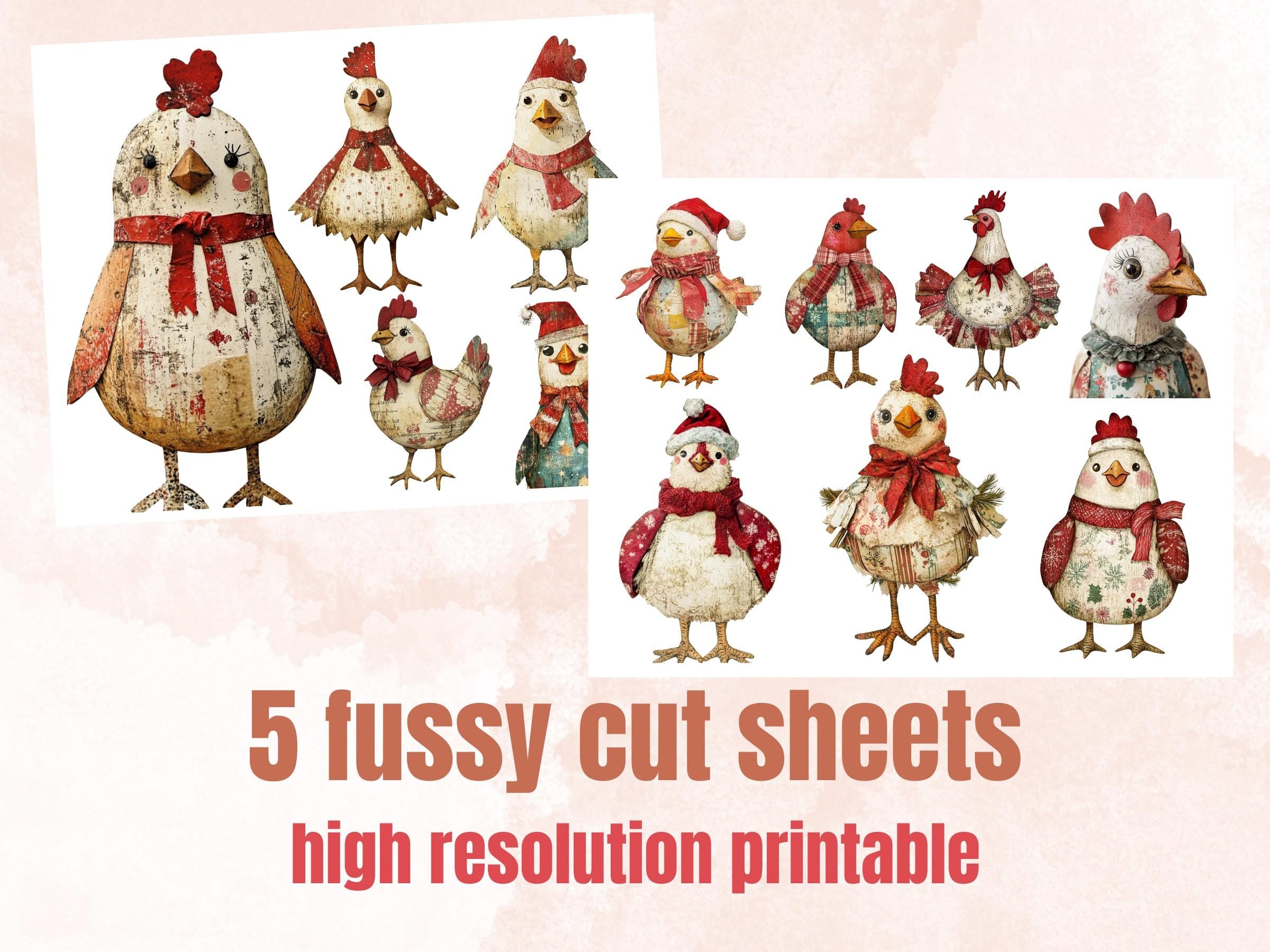Christmas Chicken Doll Mixed Media Clipart, Retro Xmas Chicken Fussy Cut Collage Sheet, Paper Doll Cut Out Ephemera, PNG + JPG Scrapbooking