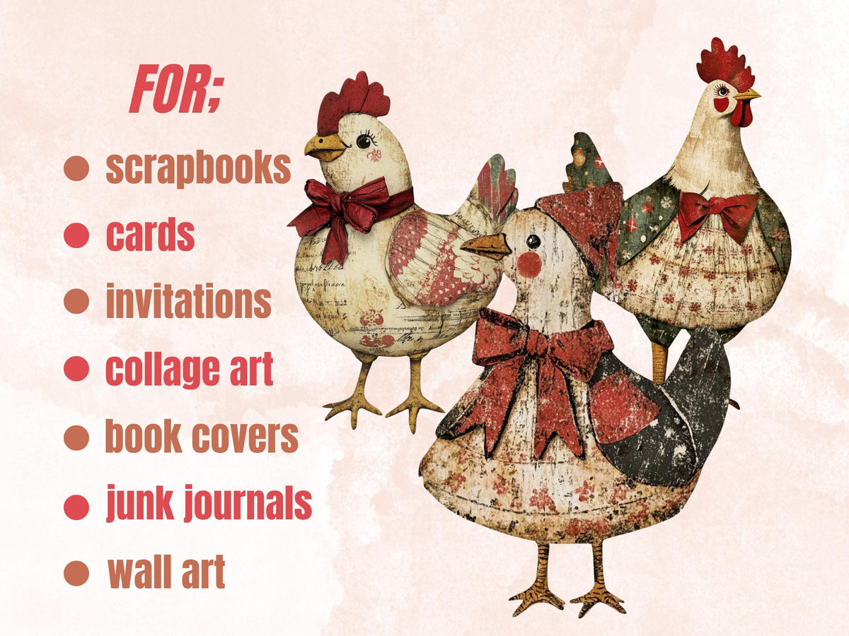 Christmas Chicken Doll Mixed Media Clipart, Retro Xmas Chicken Fussy Cut Collage Sheet, Paper Doll Cut Out Ephemera, PNG + JPG Scrapbooking