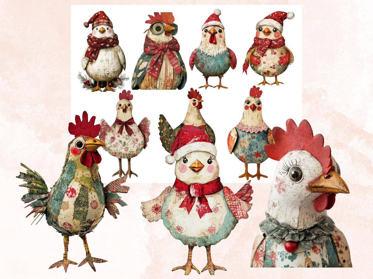 Christmas Chicken Doll Mixed Media Clipart, Retro Xmas Chicken Fussy Cut Collage Sheet, Paper Doll Cut Out Ephemera, PNG + JPG Scrapbooking