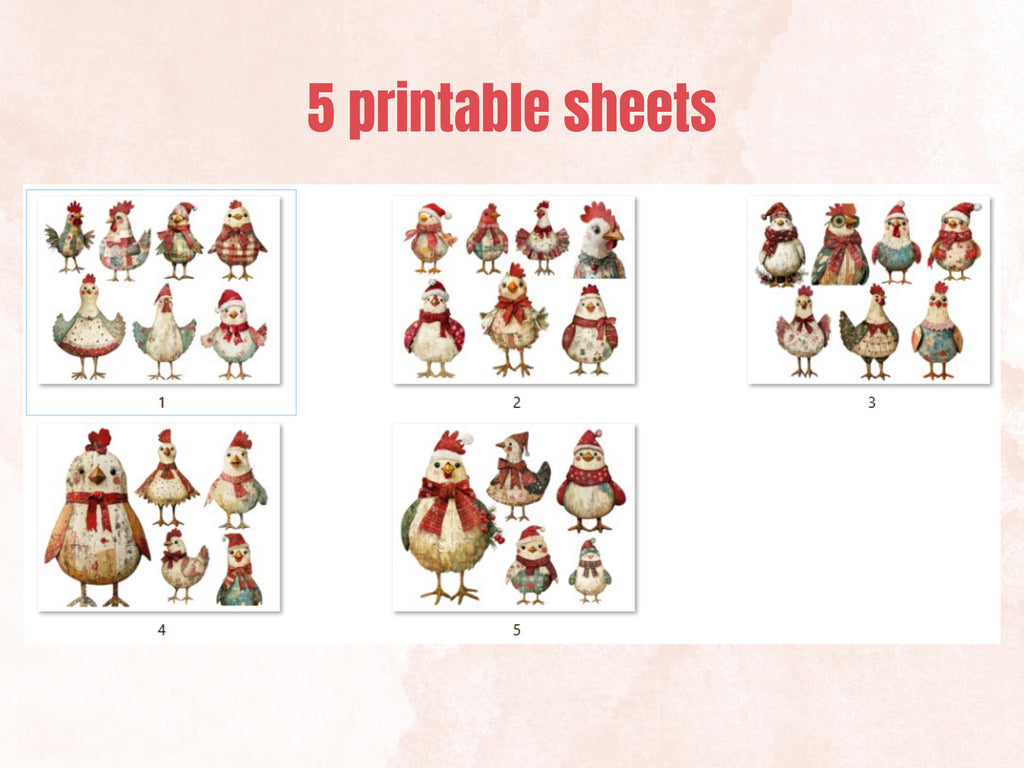 Christmas Chicken Doll Mixed Media Clipart, Retro Xmas Chicken Fussy Cut Collage Sheet, Paper Doll Cut Out Ephemera, PNG + JPG Scrapbooking