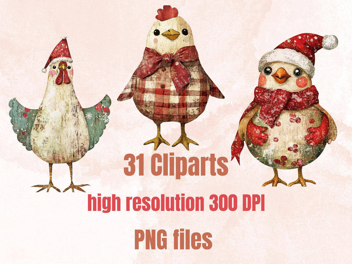 Christmas Chicken Doll Mixed Media Clipart, Retro Xmas Chicken Fussy Cut Collage Sheet, Paper Doll Cut Out Ephemera, PNG + JPG Scrapbooking