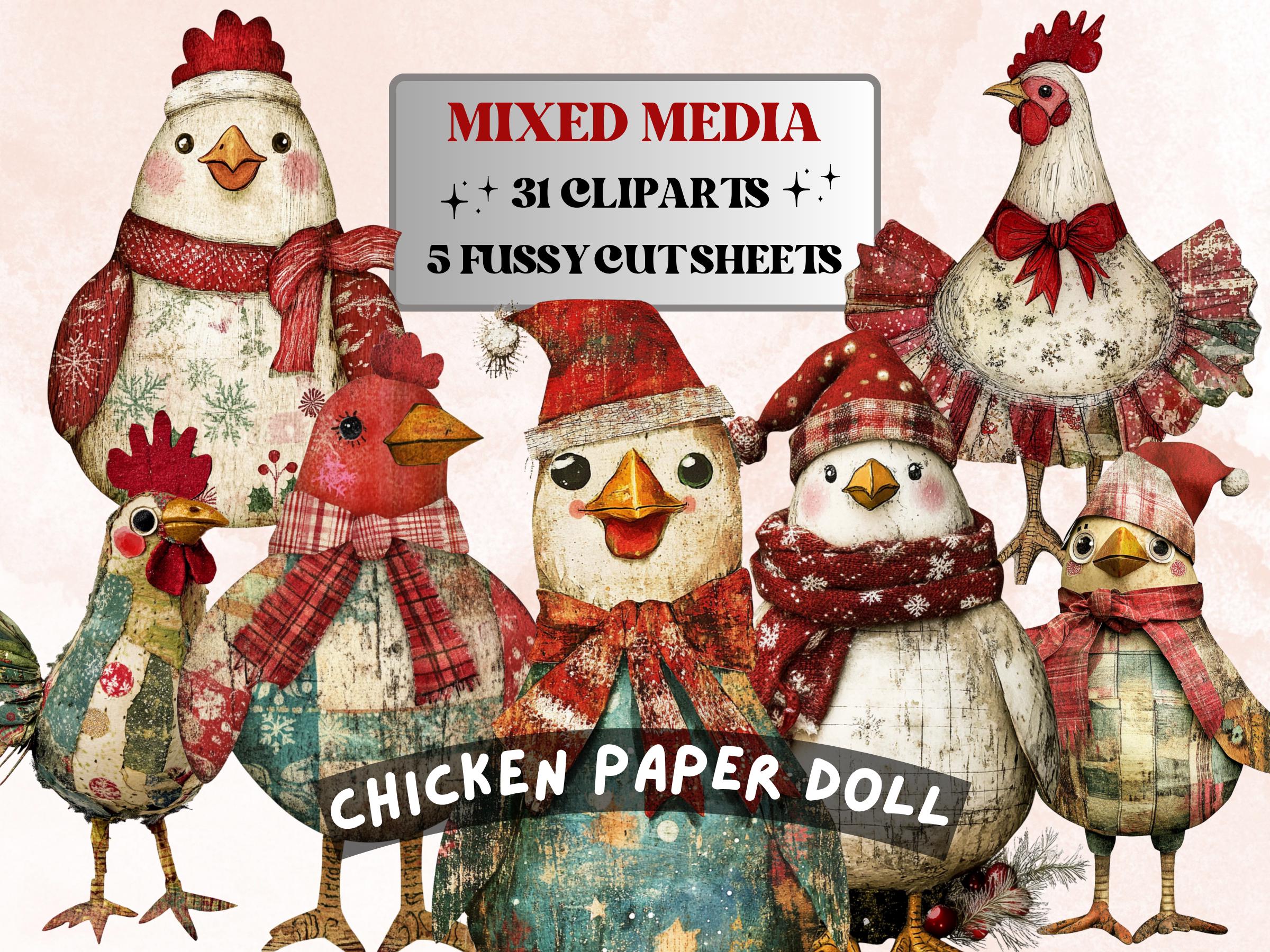 Christmas Chicken Doll Mixed Media Clipart, Retro Xmas Chicken Fussy Cut Collage Sheet, Paper Doll Cut Out Ephemera, PNG + JPG Scrapbooking