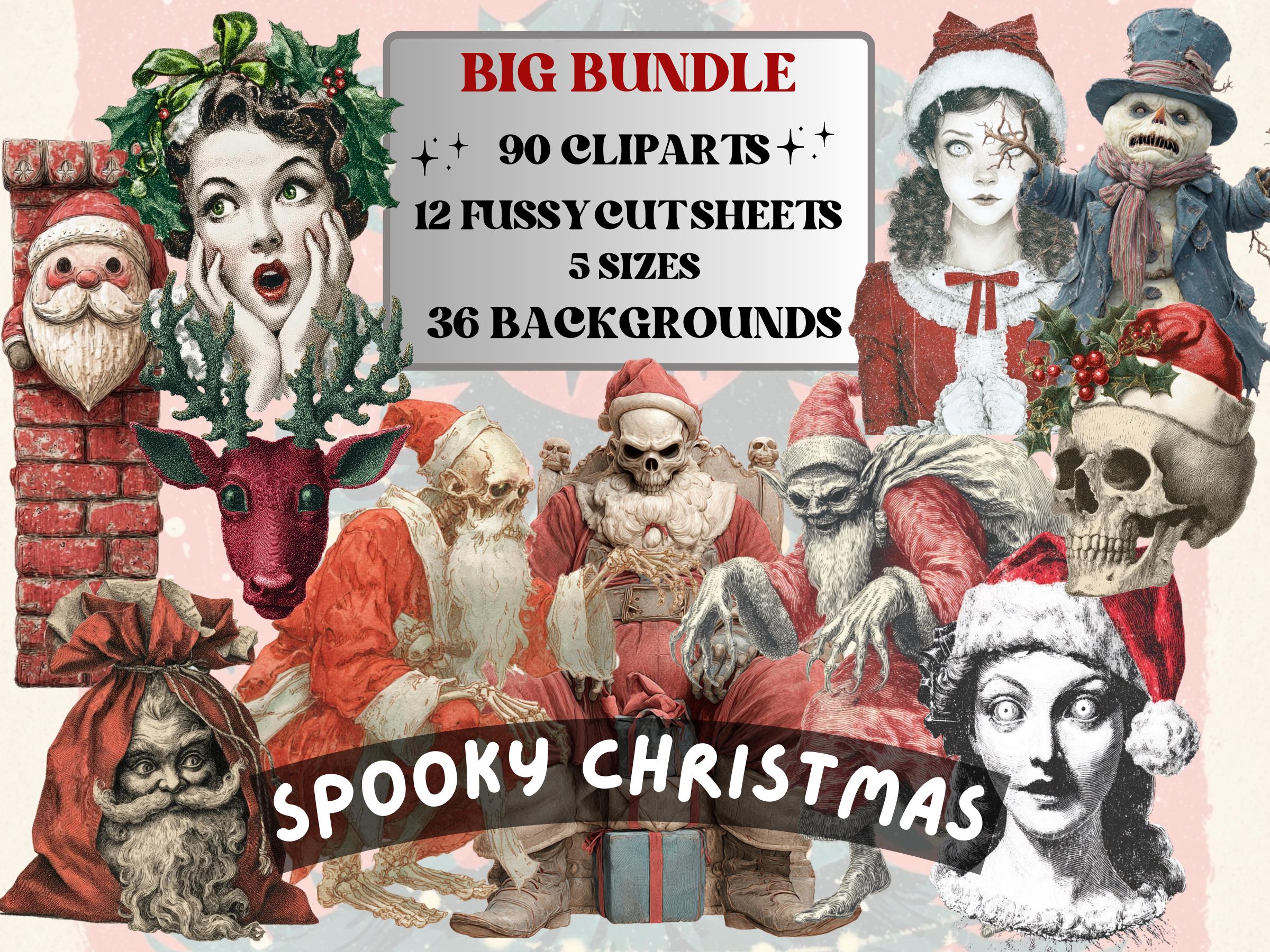 Spooky Christmas Collage Elements Bundle, Creepy Christmas Fussy Cut, Scary Xmas Characters Clipart, Quirky Junk Journal, Xmas Scrapbooking