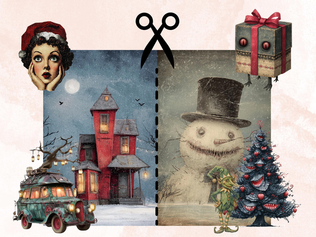 Spooky Christmas Collage Elements Bundle, Creepy Christmas Fussy Cut, Scary Xmas Characters Clipart, Quirky Junk Journal, Xmas Scrapbooking