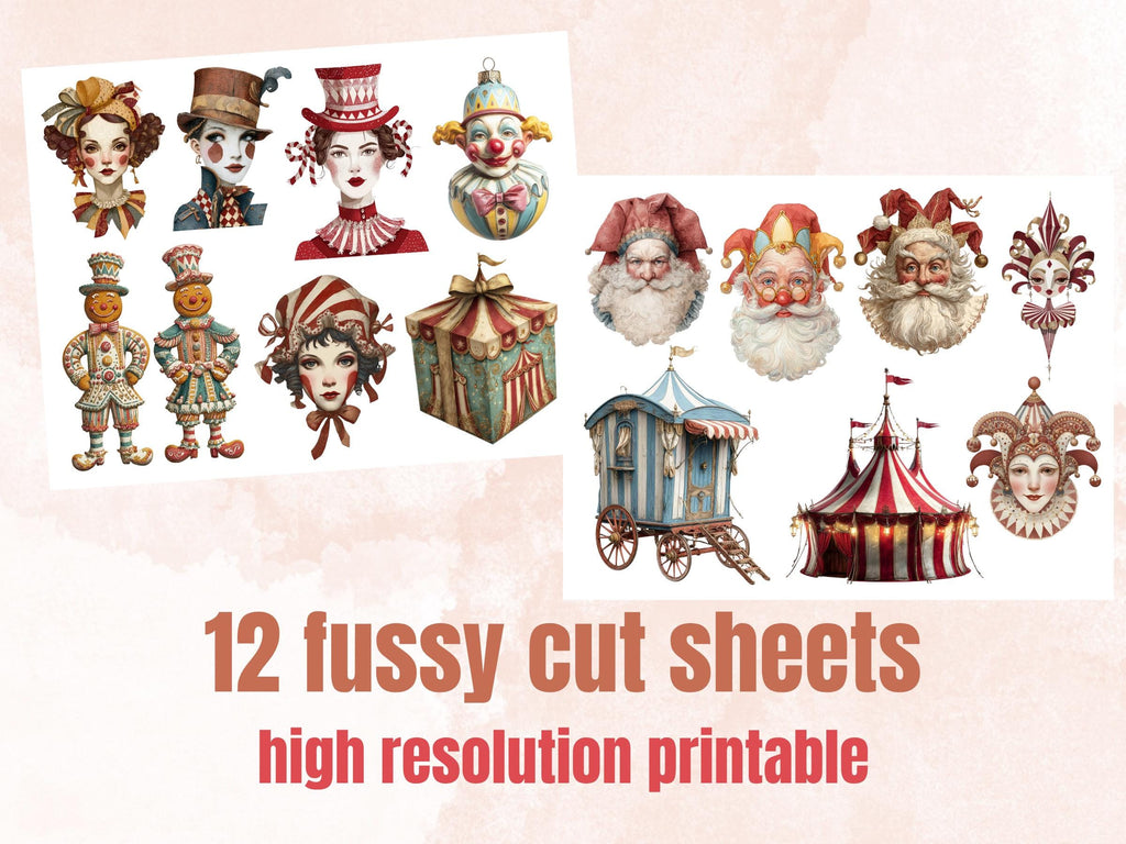 Christmas Circus Collage Element Bundle, Christmas Carnival Fussy Cut, Xmas Circus Character Clipart, Quirky Junk Journal, Xmas Scrapbooking