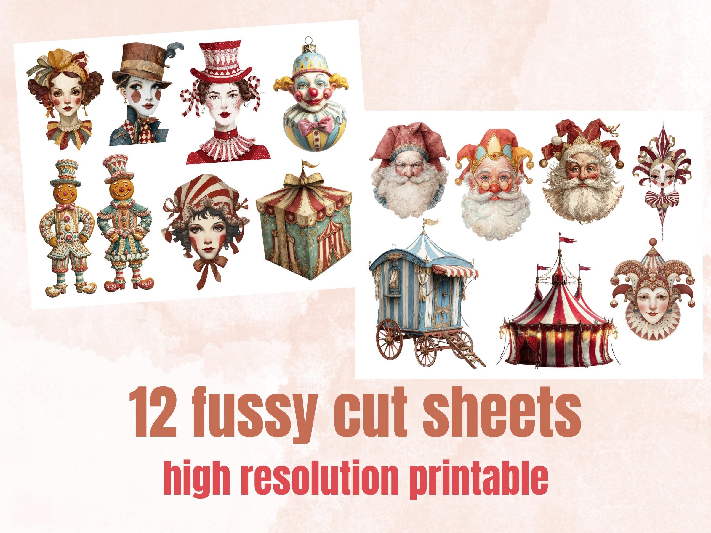 Christmas Circus Collage Element Bundle, Christmas Carnival Fussy Cut, Xmas Circus Character Clipart, Quirky Junk Journal, Xmas Scrapbooking