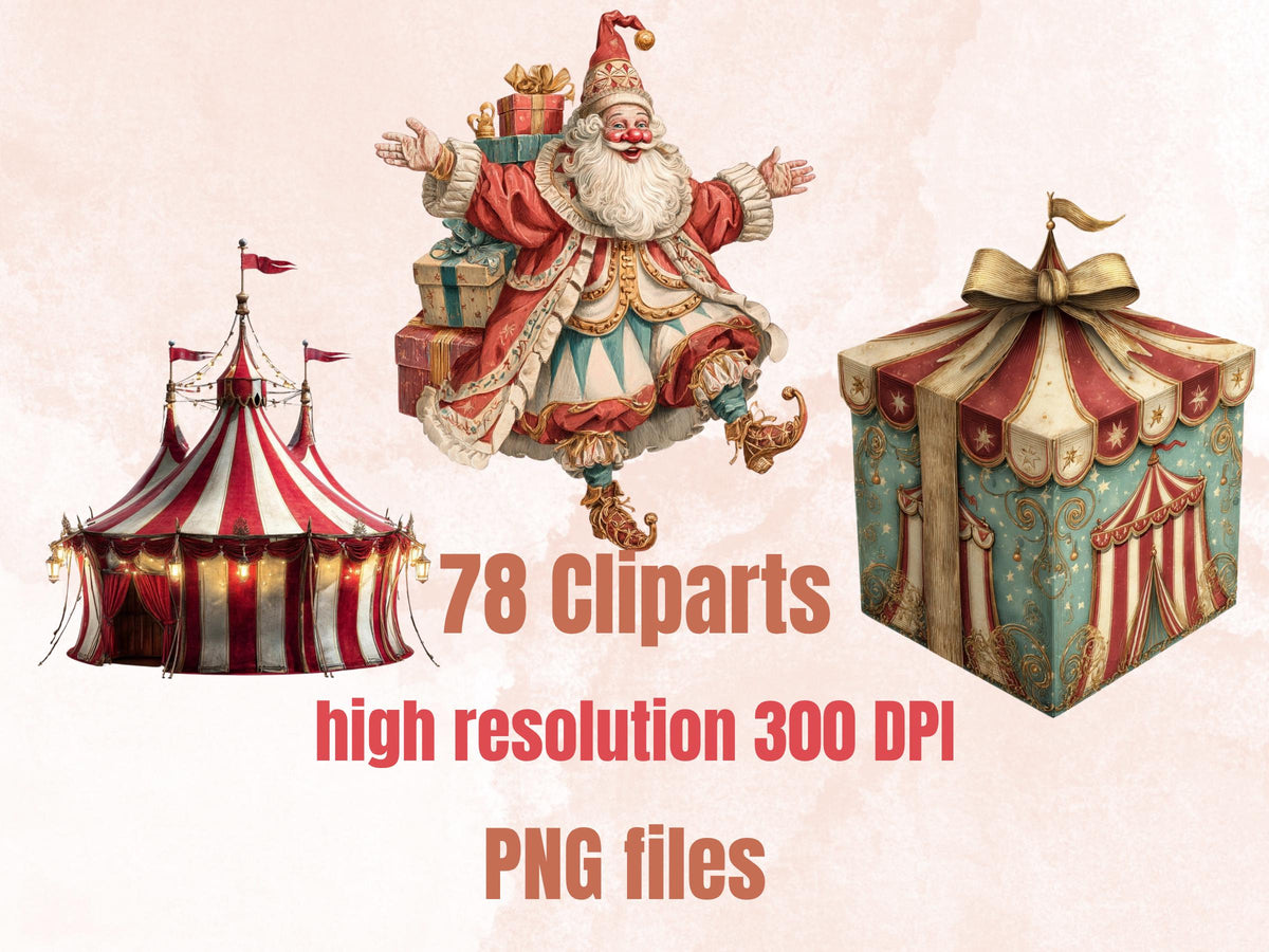 Christmas Circus Collage Element Bundle, Christmas Carnival Fussy Cut, Xmas Circus Character Clipart, Quirky Junk Journal, Xmas Scrapbooking