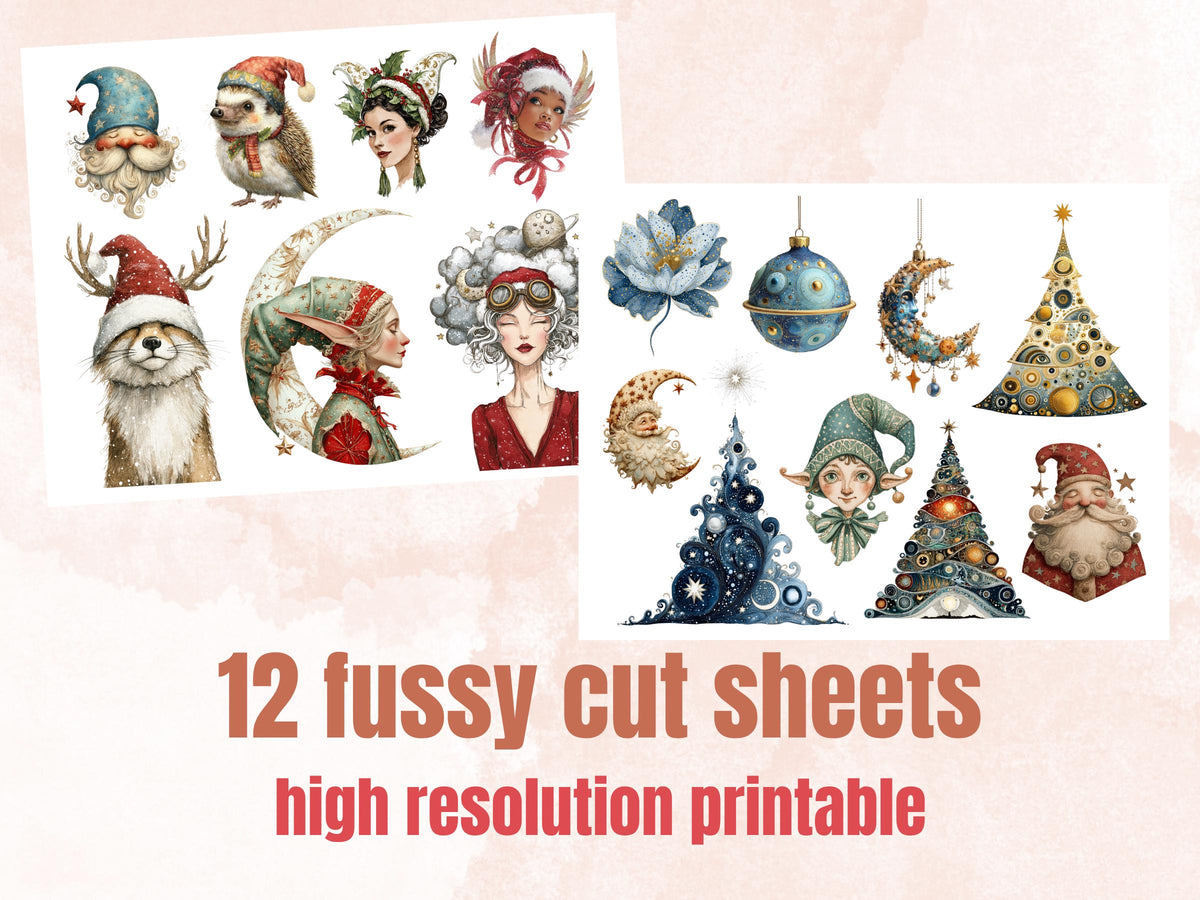 Celestial Christmas Collage Element Bundle, Christmas Zodiac Fussy Cut, Xmas Starry Night  Clipart, Quirky Junk Journal, Xmas Scrapbooking