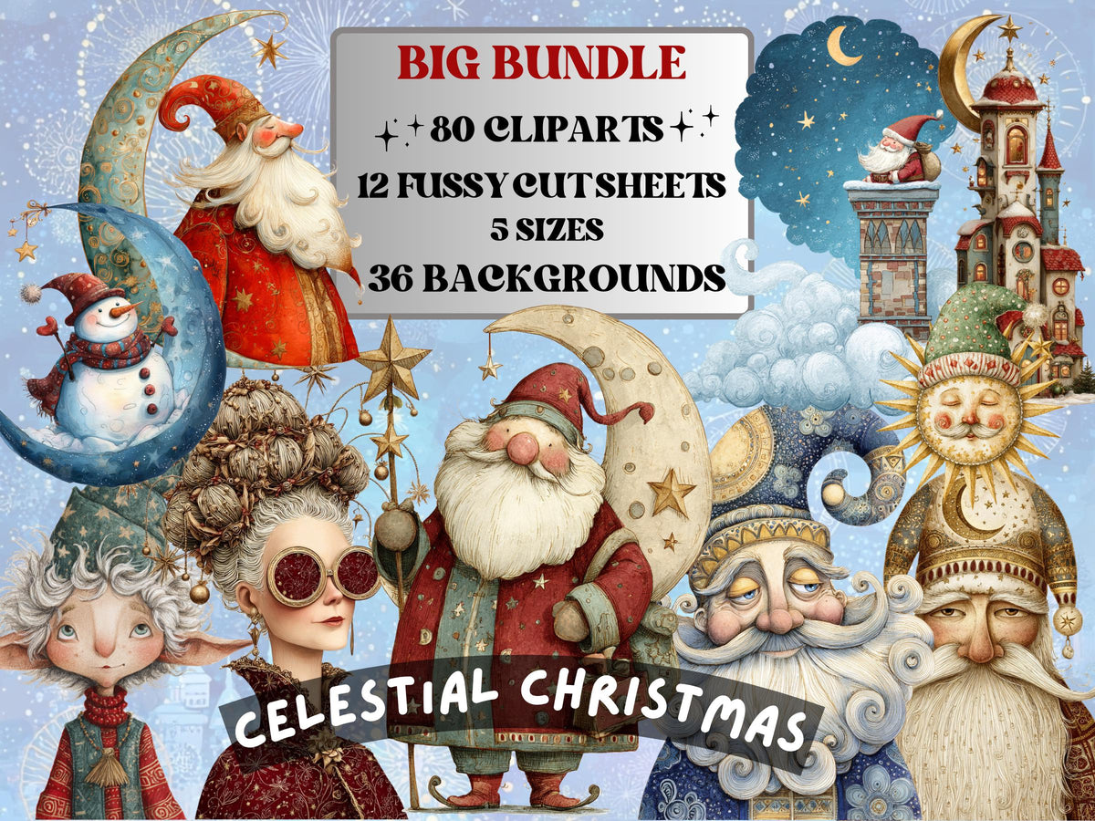 Celestial Christmas Collage Element Bundle, Christmas Zodiac Fussy Cut, Xmas Starry Night  Clipart, Quirky Junk Journal, Xmas Scrapbooking