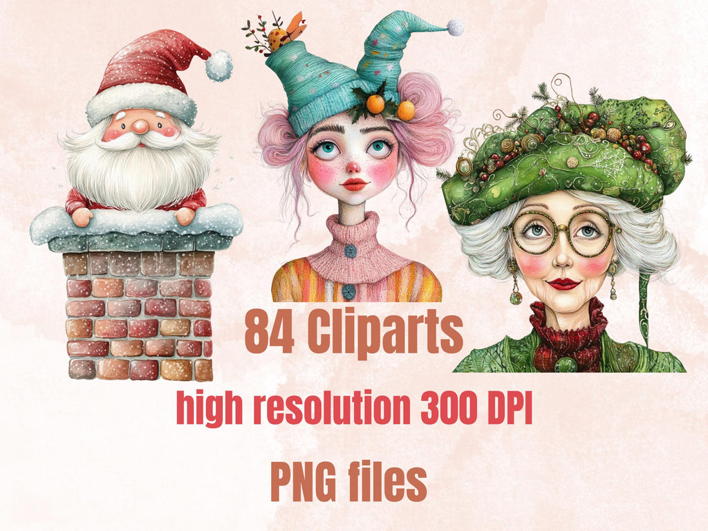 Pastel Christmas Collage Elements Bundle, Quirky Christmas Fussy Cut, Xmas Characters Clipart, Whimsical Junk Journal, Xmas Scrapbooking Set