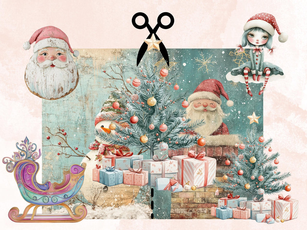 Pastel Christmas Collage Elements Bundle, Quirky Christmas Fussy Cut, Xmas Characters Clipart, Whimsical Junk Journal, Xmas Scrapbooking Set