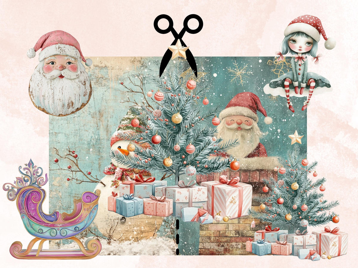 Pastel Christmas Collage Elements Bundle, Quirky Christmas Fussy Cut, Xmas Characters Clipart, Whimsical Junk Journal, Xmas Scrapbooking Set