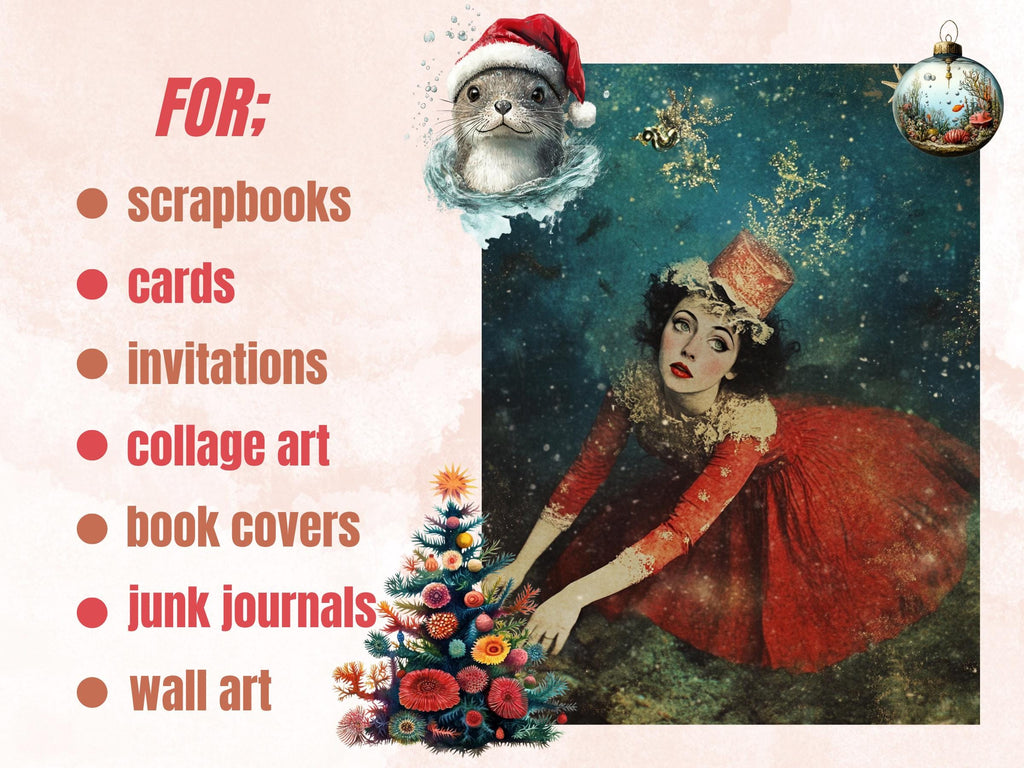 Underwater Christmas Collage Element Bundle, Christmas Under the Sea Fussy Cut, Xmas Mermaid Clipart, Quirky Junk Journal, Xmas Scrapbooking