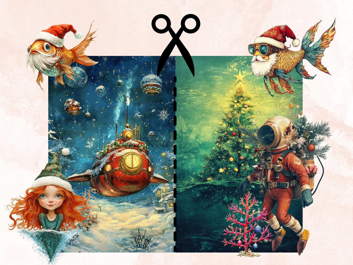 Underwater Christmas Collage Element Bundle, Christmas Under the Sea Fussy Cut, Xmas Mermaid Clipart, Quirky Junk Journal, Xmas Scrapbooking