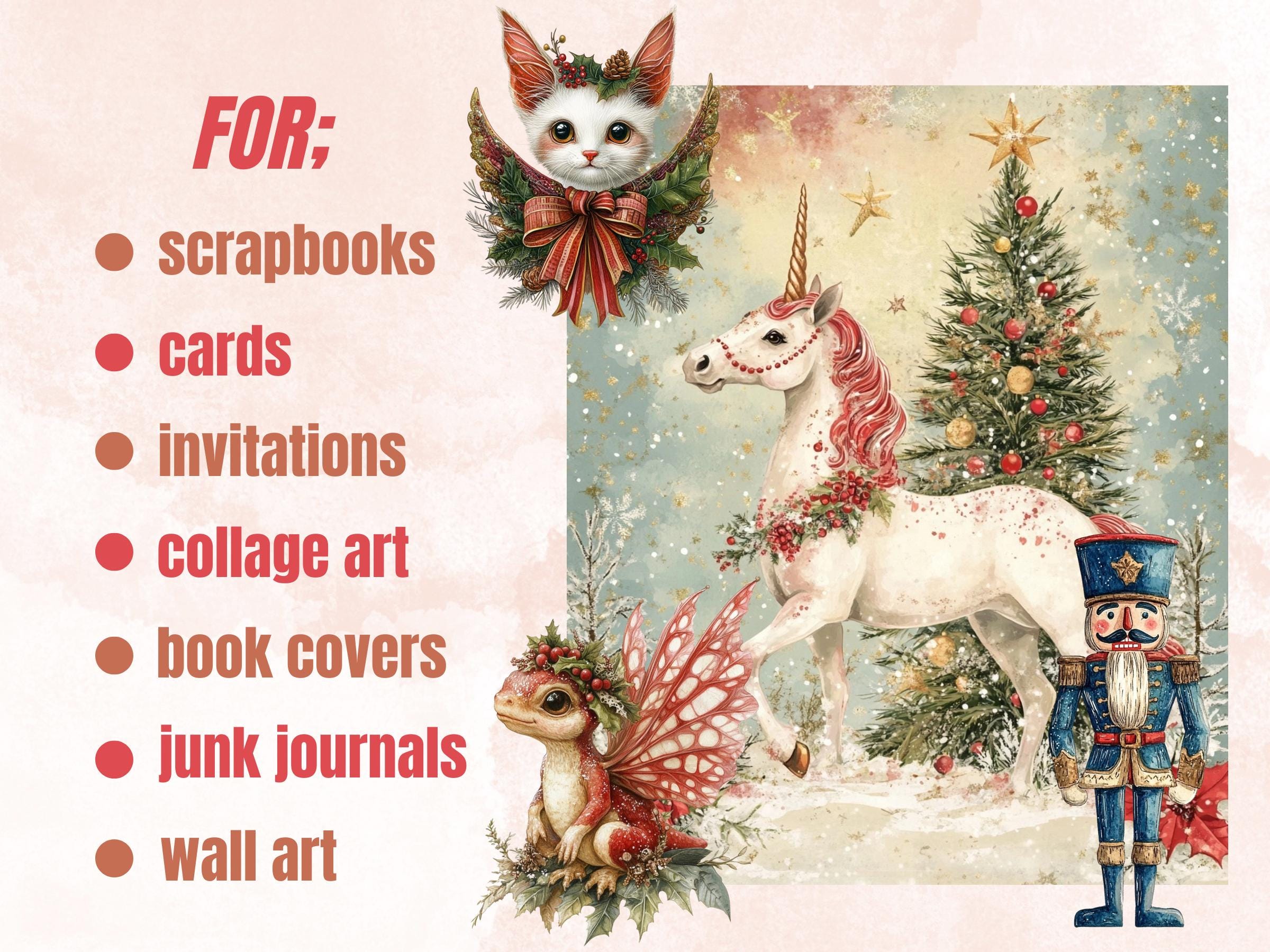 Fairytale Christmas Collage Elements Bundle, Quirky Christmas Fussy Cut, Xmas Characters Clipart, Retro Junk Journal, Xmas Scrapbooking Set