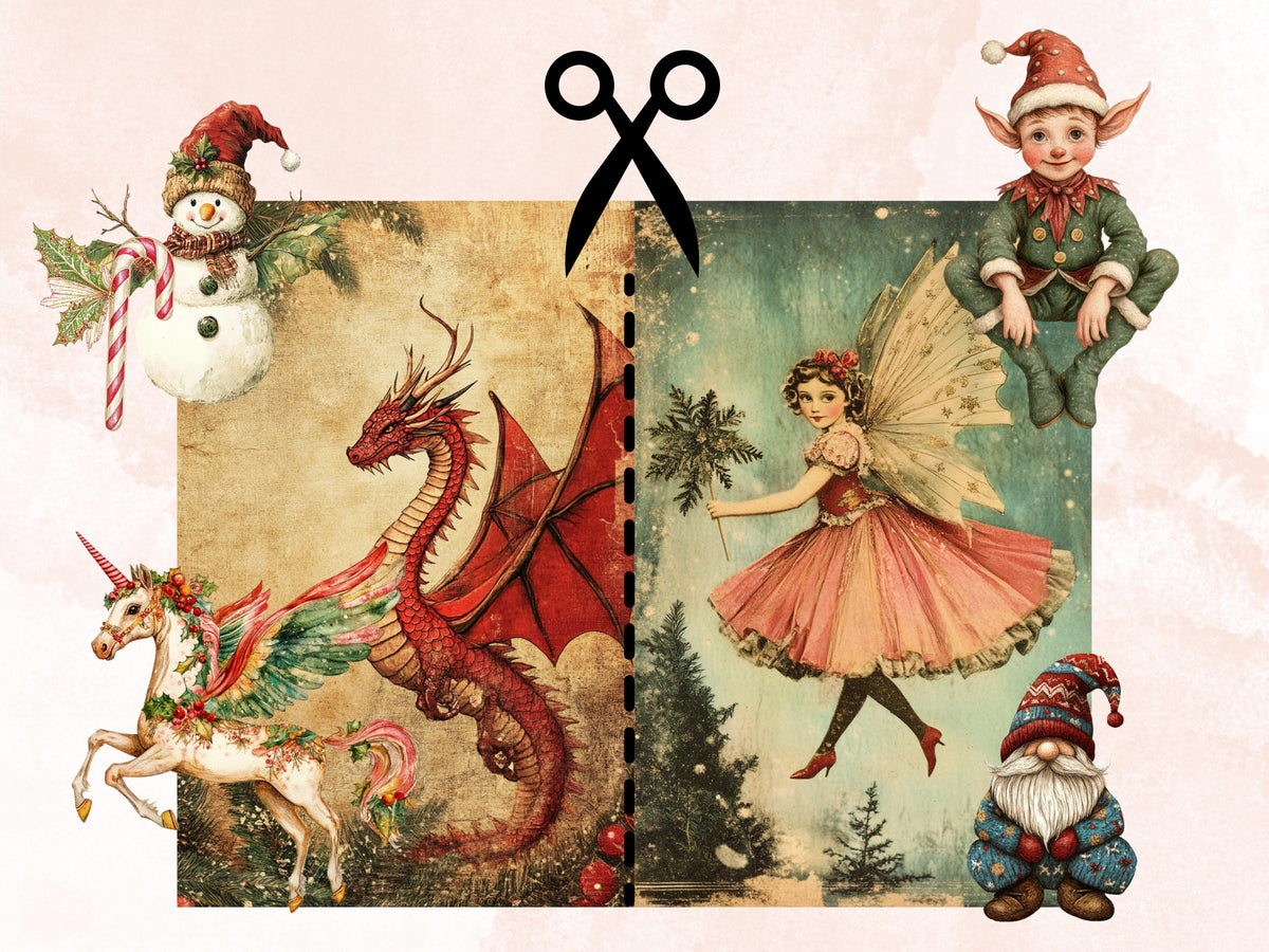 Fairytale Christmas Collage Elements Bundle, Quirky Christmas Fussy Cut, Xmas Characters Clipart, Retro Junk Journal, Xmas Scrapbooking Set