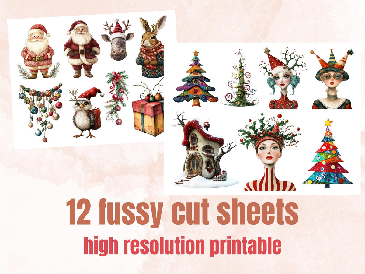 Quirky Christmas Collage Element Bundle, Fantasy Christmas Fussy Cut, Xmas Characters Clipart, Whimsical Junk Journal, Xmas Scrapbooking Set