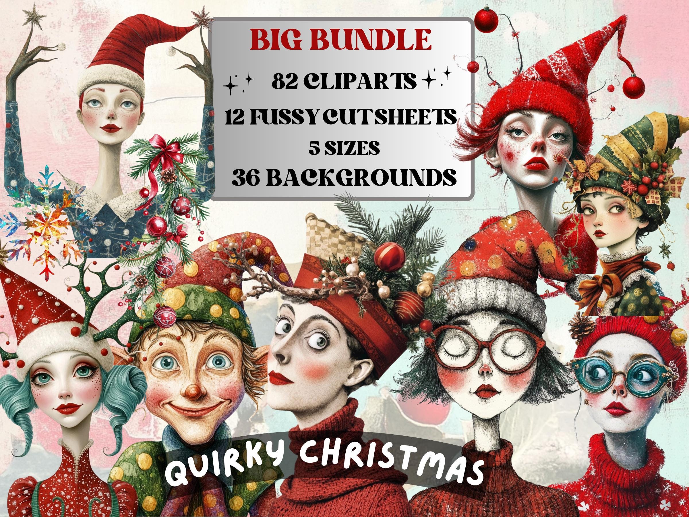 Quirky Christmas Collage Element Bundle, Fantasy Christmas Fussy Cut, Xmas Characters Clipart, Whimsical Junk Journal, Xmas Scrapbooking Set