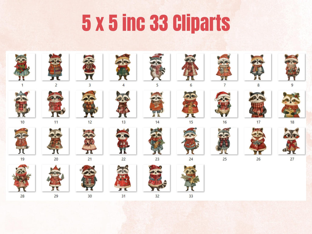 Christmas Raccoon Doll Mixed Media Clipart, Retro Xmas Raccoon Fussy Cut Collage Sheet, Paper Doll Cut Out Ephemera, PNG + JPG Scrapbooking