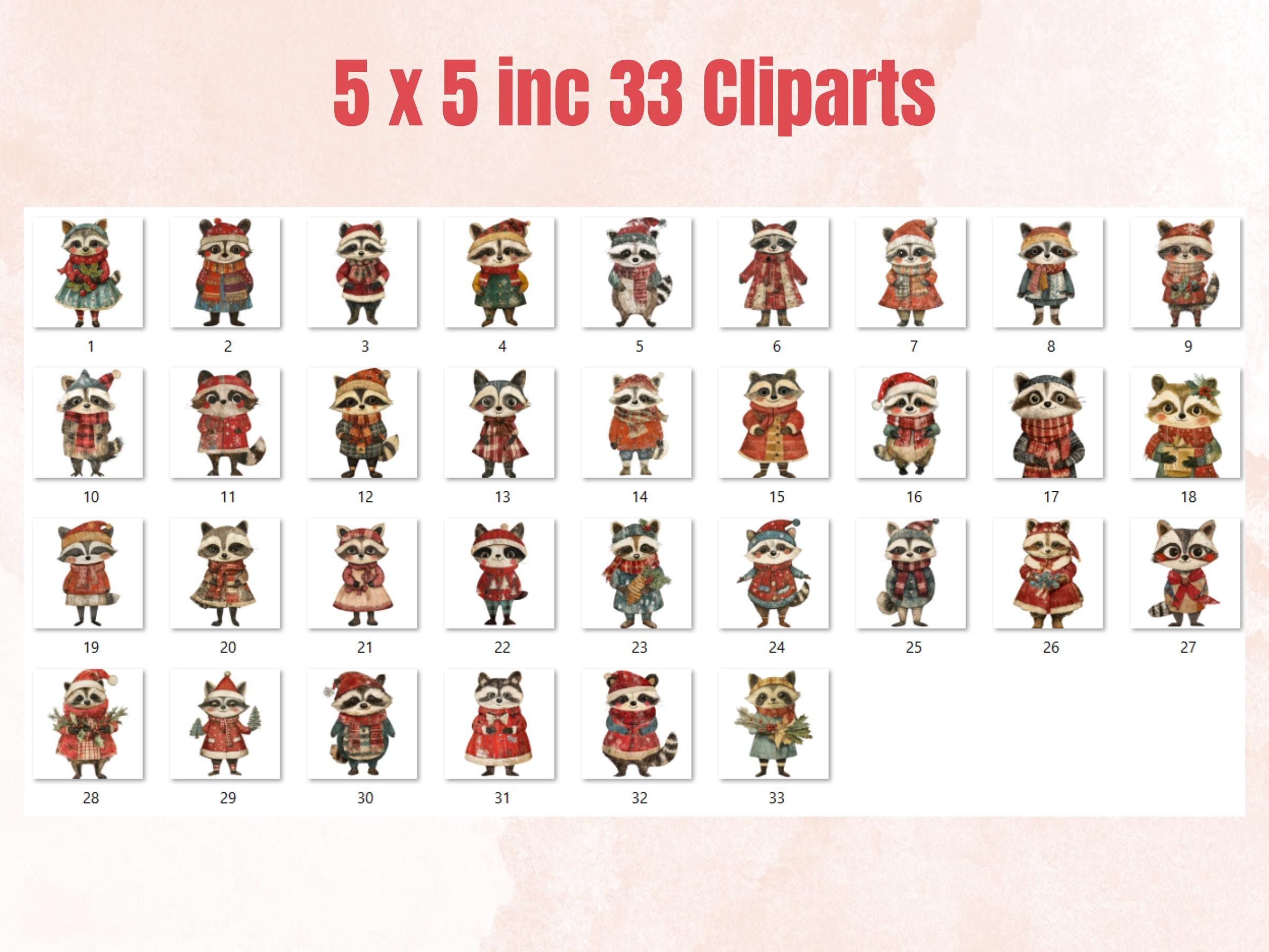 Christmas Raccoon Doll Mixed Media Clipart, Retro Xmas Raccoon Fussy Cut Collage Sheet, Paper Doll Cut Out Ephemera, PNG + JPG Scrapbooking