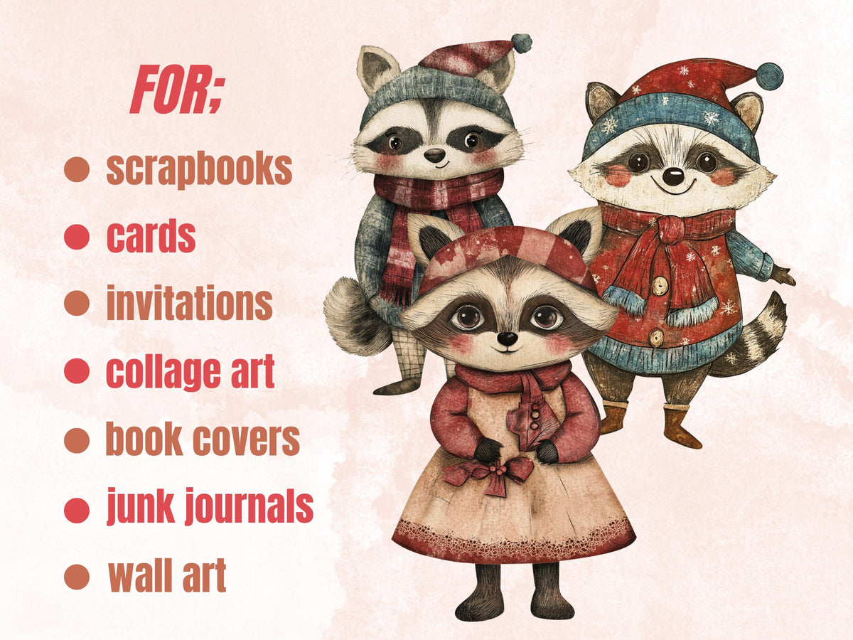 Christmas Raccoon Doll Mixed Media Clipart, Retro Xmas Raccoon Fussy Cut Collage Sheet, Paper Doll Cut Out Ephemera, PNG + JPG Scrapbooking
