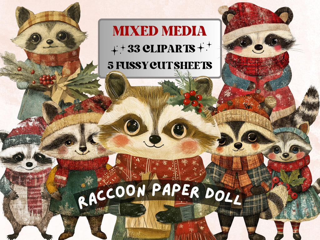 Christmas Raccoon Doll Mixed Media Clipart, Retro Xmas Raccoon Fussy Cut Collage Sheet, Paper Doll Cut Out Ephemera, PNG + JPG Scrapbooking