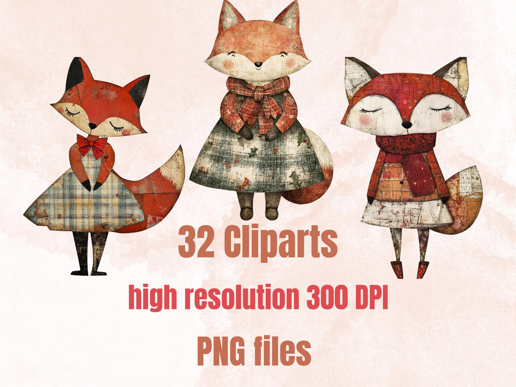 Christmas Fox Doll Mixed Media Clipart, Retro Xmas Foxes Fussy Cut Collage Sheet, Paper Doll Cut Out Ephemera, PNG + JPG for Scrapbooking