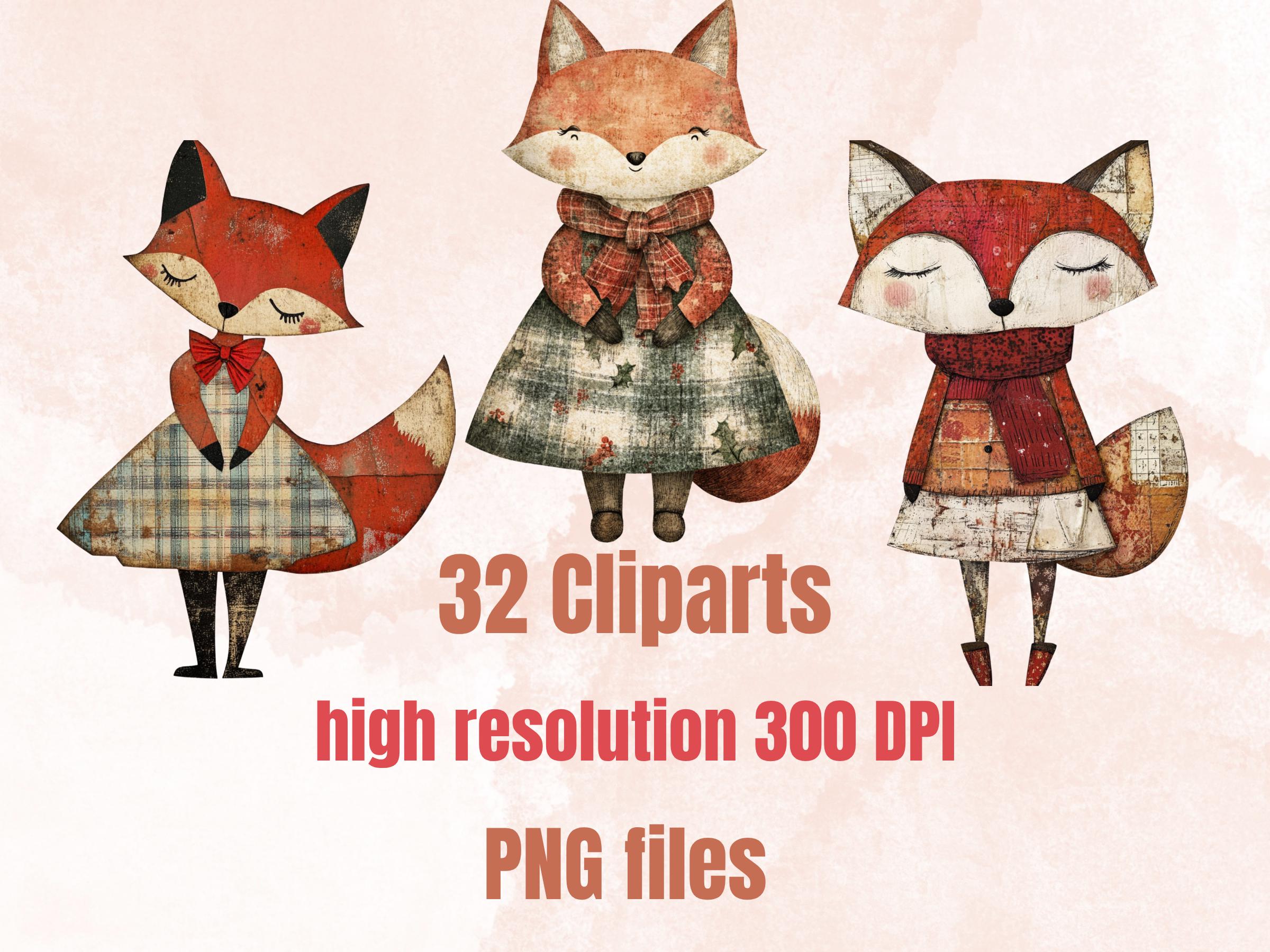 Christmas Fox Doll Mixed Media Clipart, Retro Xmas Foxes Fussy Cut Collage Sheet, Paper Doll Cut Out Ephemera, PNG + JPG for Scrapbooking