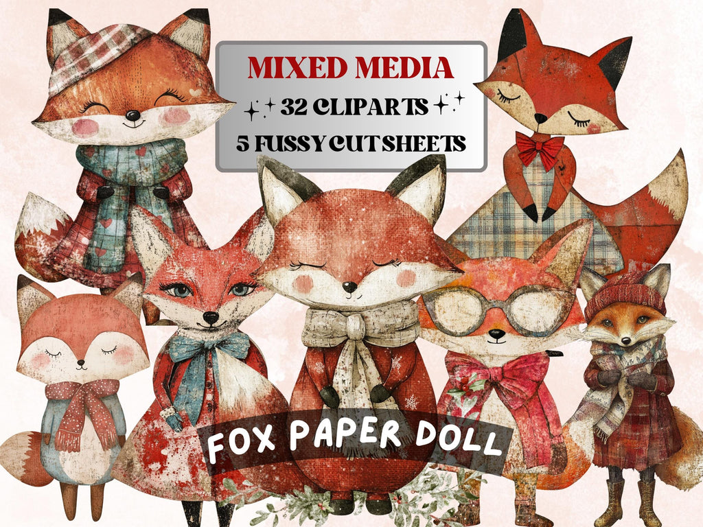 Christmas Fox Doll Mixed Media Clipart, Retro Xmas Foxes Fussy Cut Collage Sheet, Paper Doll Cut Out Ephemera, PNG + JPG for Scrapbooking