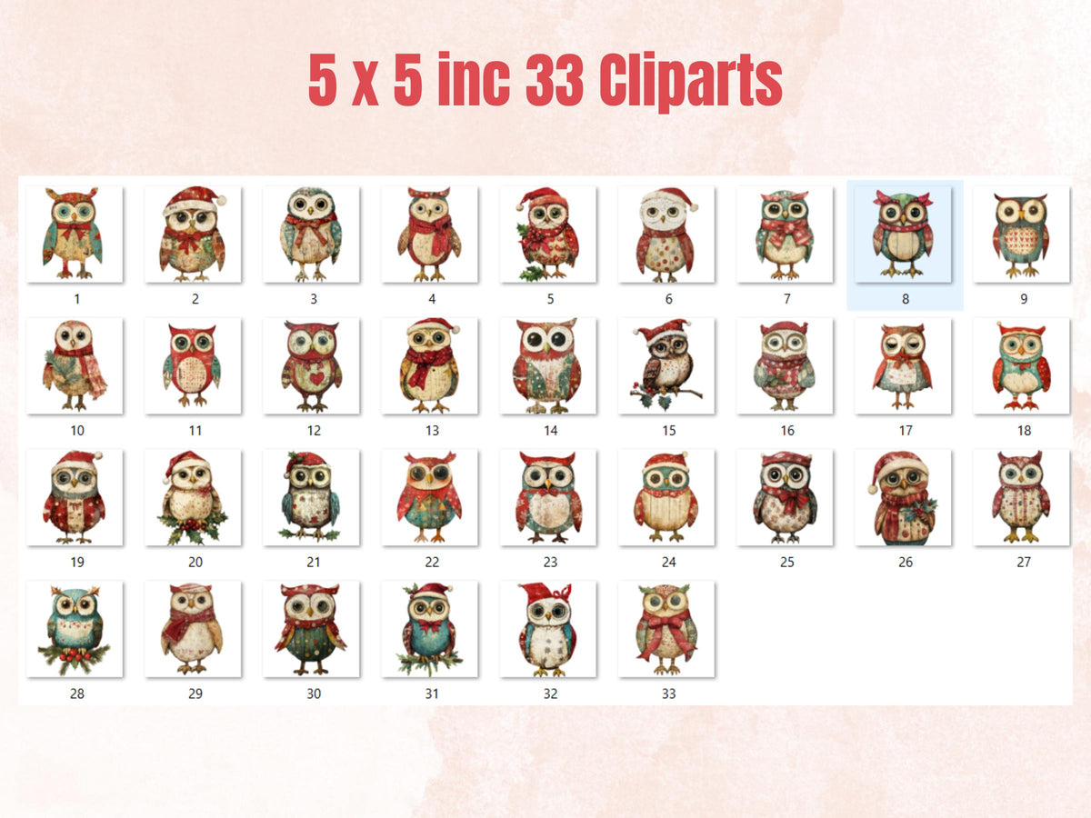 Christmas Owl Doll Mixed Media Clipart, Retro Xmas Owls Fussy Cut Collage Sheet, Paper Doll Cut Out Ephemera, PNG + JPG for Scrapbooking