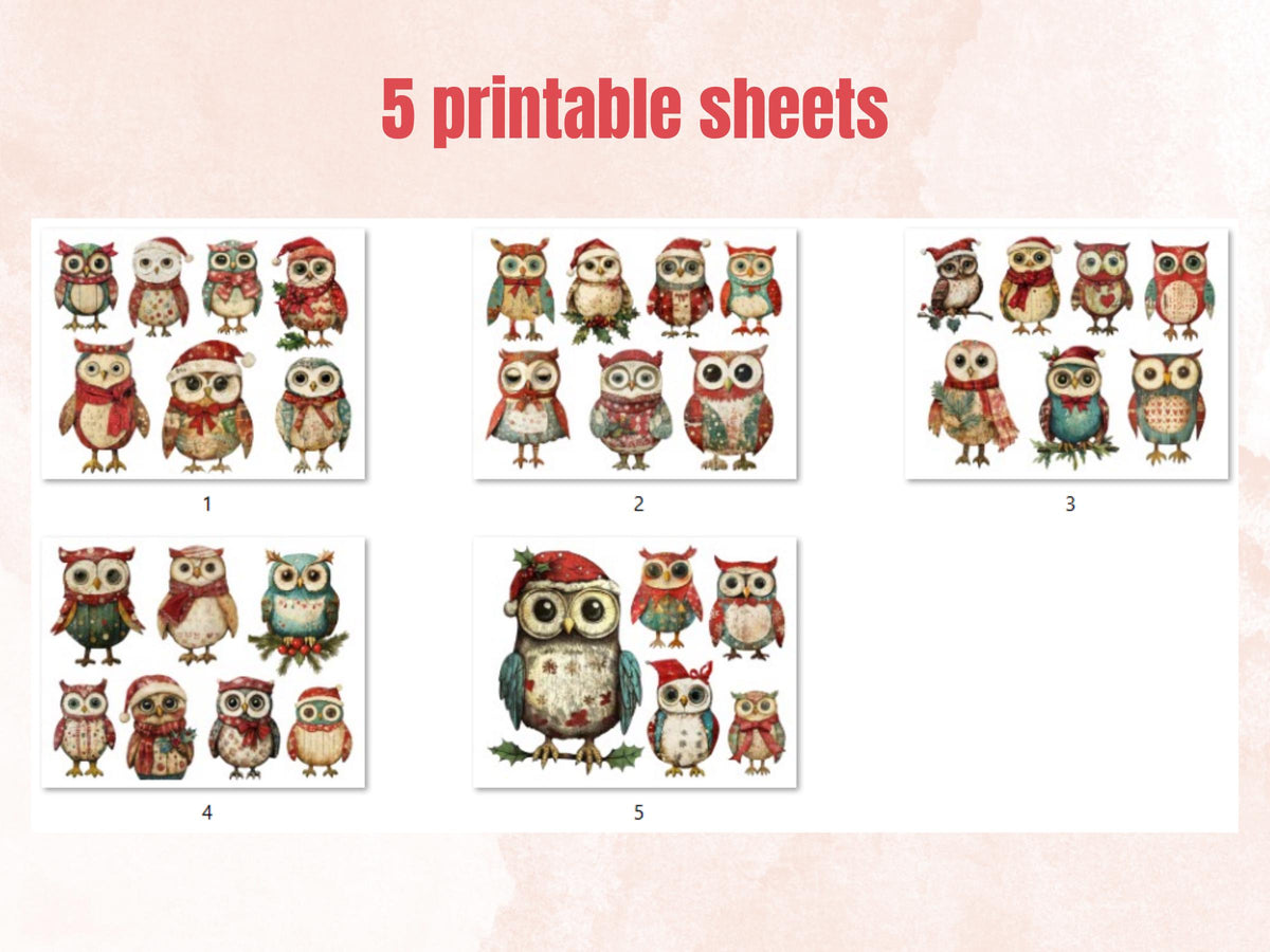 Christmas Owl Doll Mixed Media Clipart, Retro Xmas Owls Fussy Cut Collage Sheet, Paper Doll Cut Out Ephemera, PNG + JPG for Scrapbooking