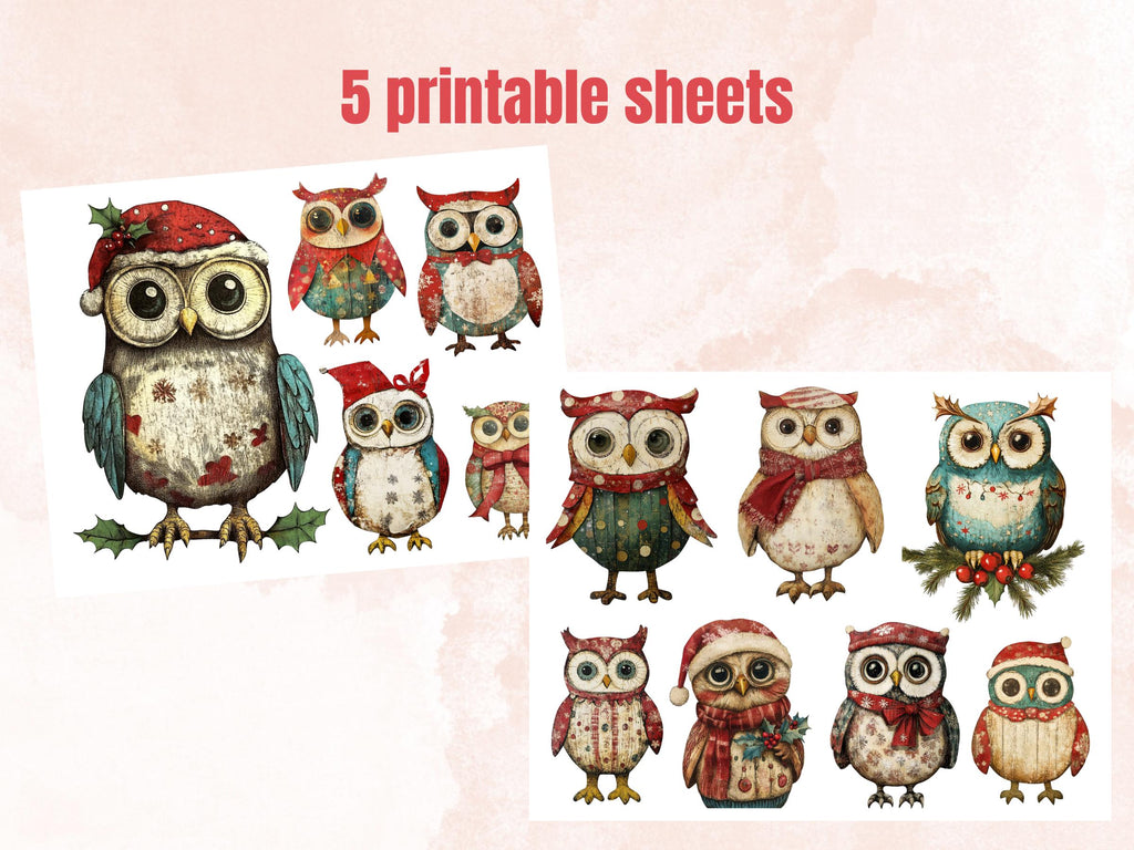 Christmas Owl Doll Mixed Media Clipart, Retro Xmas Owls Fussy Cut Collage Sheet, Paper Doll Cut Out Ephemera, PNG + JPG for Scrapbooking
