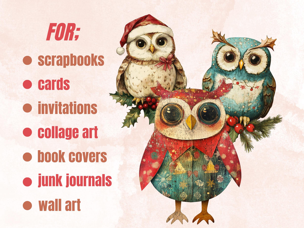Christmas Owl Doll Mixed Media Clipart, Retro Xmas Owls Fussy Cut Collage Sheet, Paper Doll Cut Out Ephemera, PNG + JPG for Scrapbooking