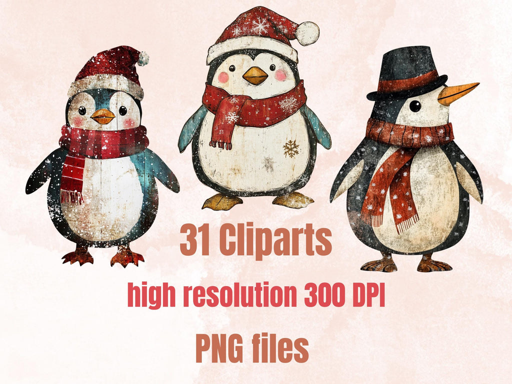 Christmas Penguin Doll Mixed Media Clipart, Retro Xmas Penguin Fussy Cut Collage Sheet, Paper Doll Cut Out Ephemera, PNG + JPG Scrapbooking