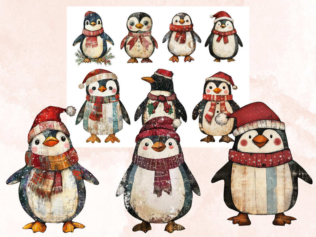 Christmas Penguin Doll Mixed Media Clipart, Retro Xmas Penguin Fussy Cut Collage Sheet, Paper Doll Cut Out Ephemera, PNG + JPG Scrapbooking