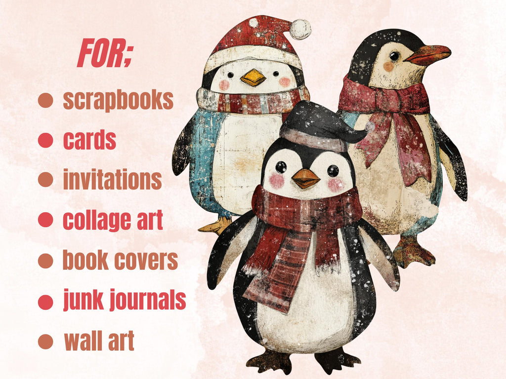 Christmas Penguin Doll Mixed Media Clipart, Retro Xmas Penguin Fussy Cut Collage Sheet, Paper Doll Cut Out Ephemera, PNG + JPG Scrapbooking